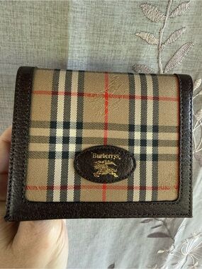 Burberrys Beige Black Red Plaid Canvas Bag with Brown Leather Trim